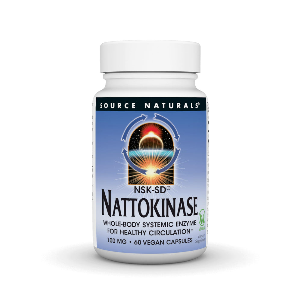 Source Naturals envase frontal de Nattokinase mostrando 60 cápsulas y beneficio circulatorio