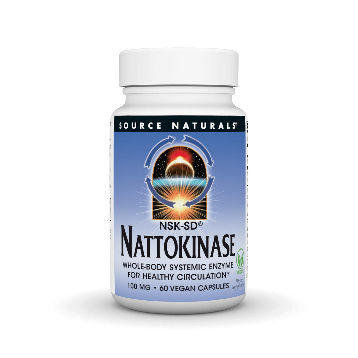 Source Naturals envase frontal de Nattokinase mostrando 60 cápsulas y beneficio circulatorio