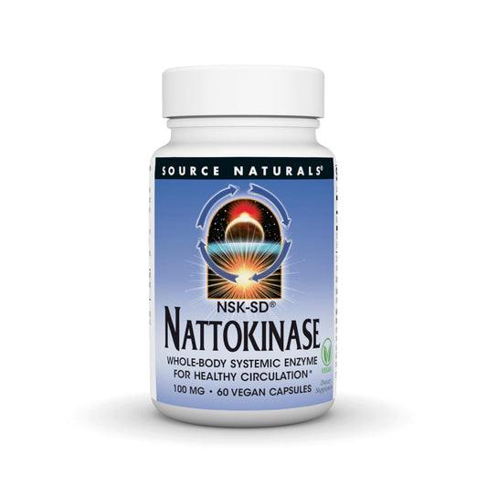 Source Naturals envase frontal de Nattokinase mostrando 60 cápsulas y beneficio circulatorio