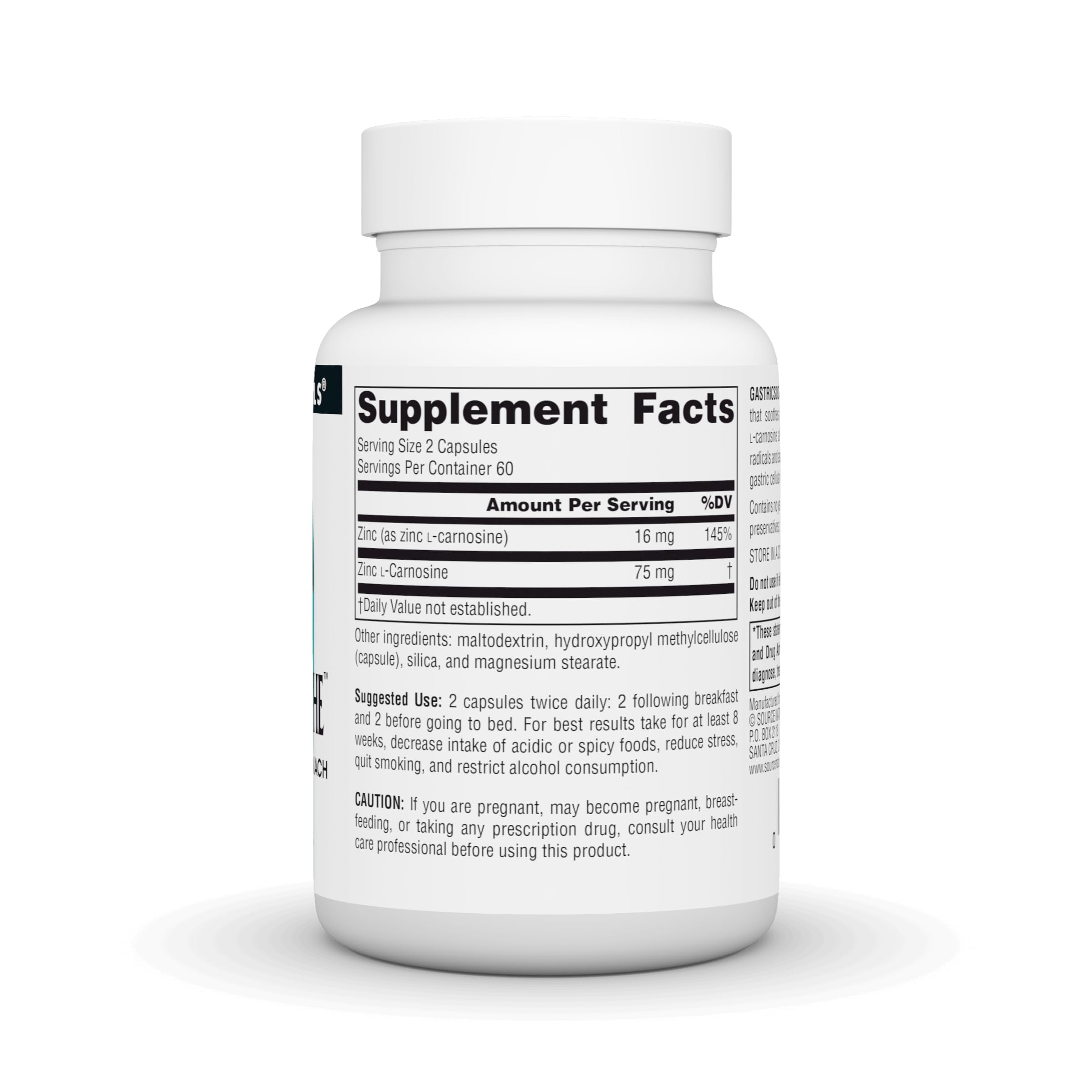 Primer plano de cápsulas vegetales de GastricSoothe Source Naturals, textura y tamaño visibles