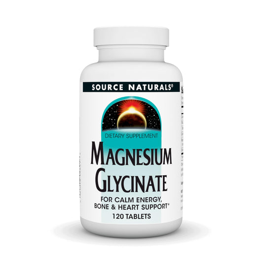 Source Naturals Magnesio Glicinato, botella frontal, apoyo para energía y calma