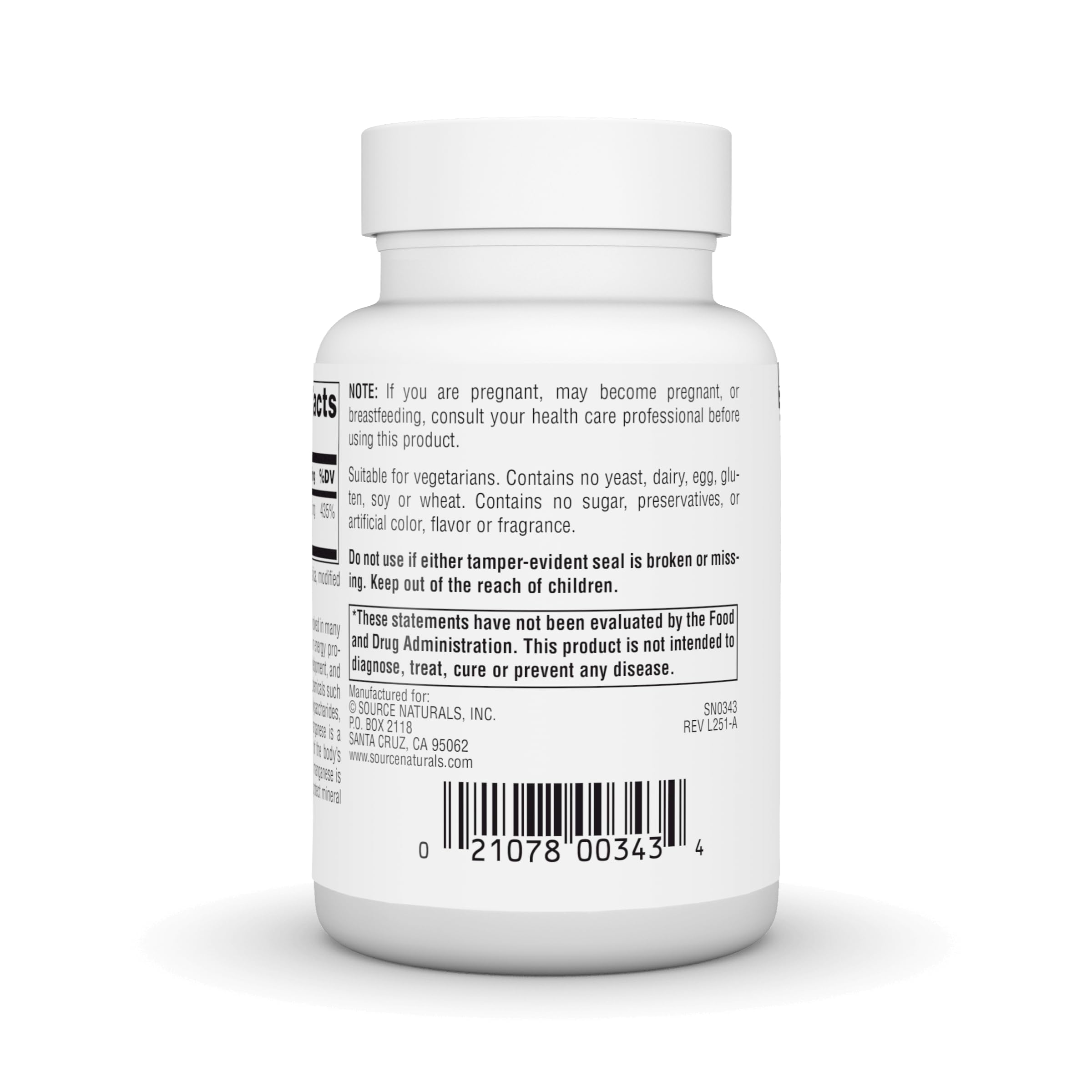 Botella abierta con tabletas de Source Naturals Manganese evidenciando la facilidad de toma diaria