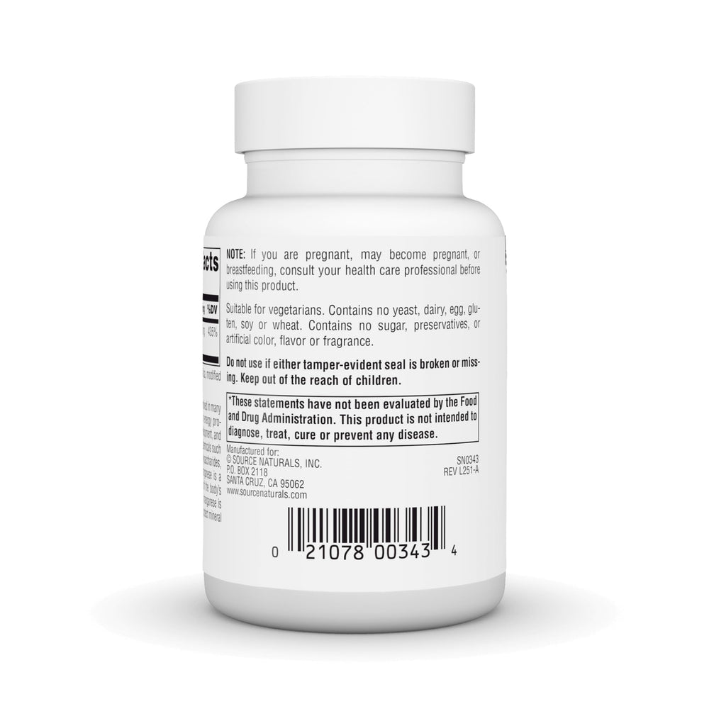 Botella abierta con tabletas de Source Naturals Manganese evidenciando la facilidad de toma diaria
