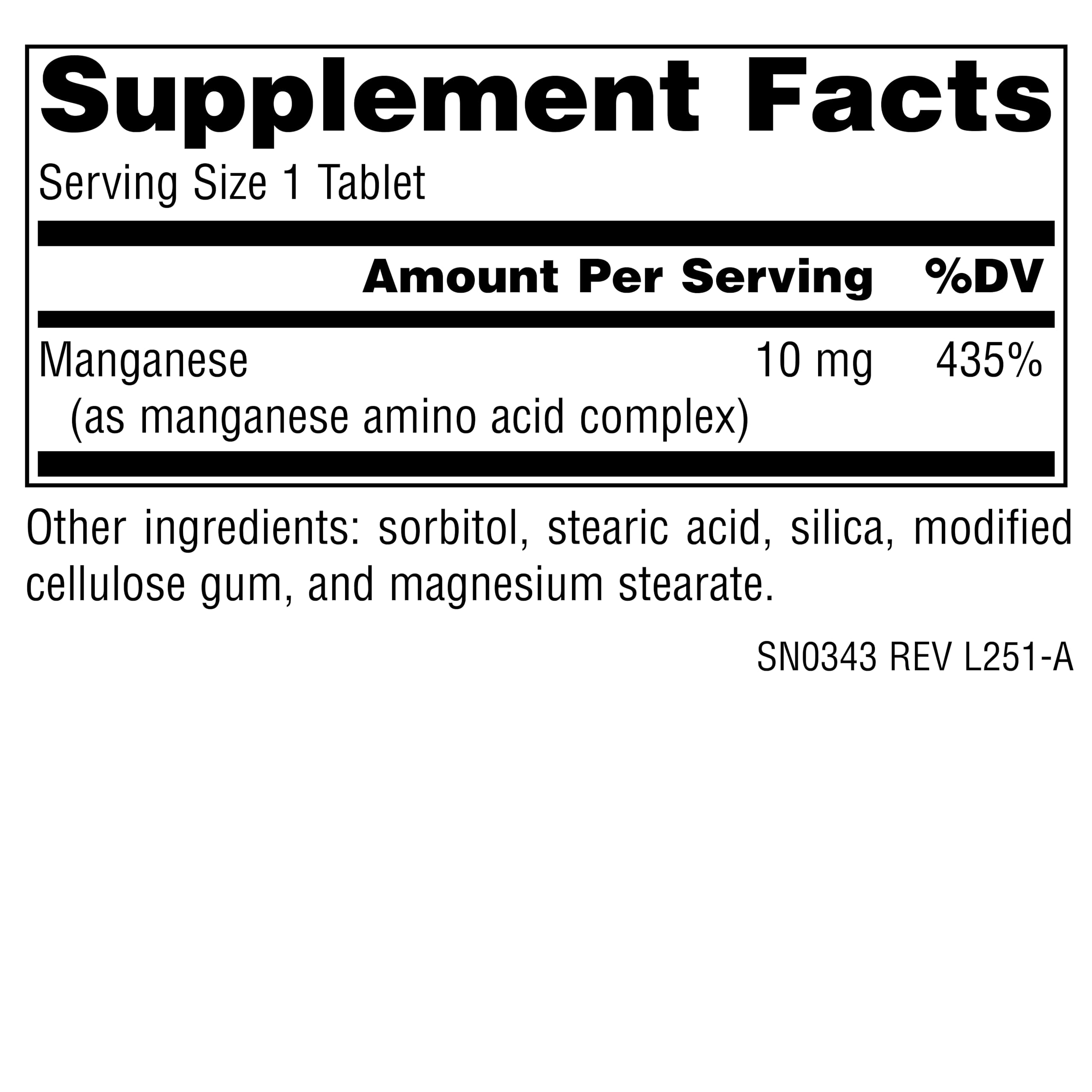 Close-up de la tableta de Source Naturals Manganese mostrando textura y tamaño para identificación rápida
