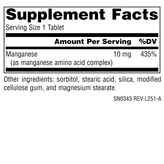 Close-up de la tableta de Source Naturals Manganese mostrando textura y tamaño para identificación rápida