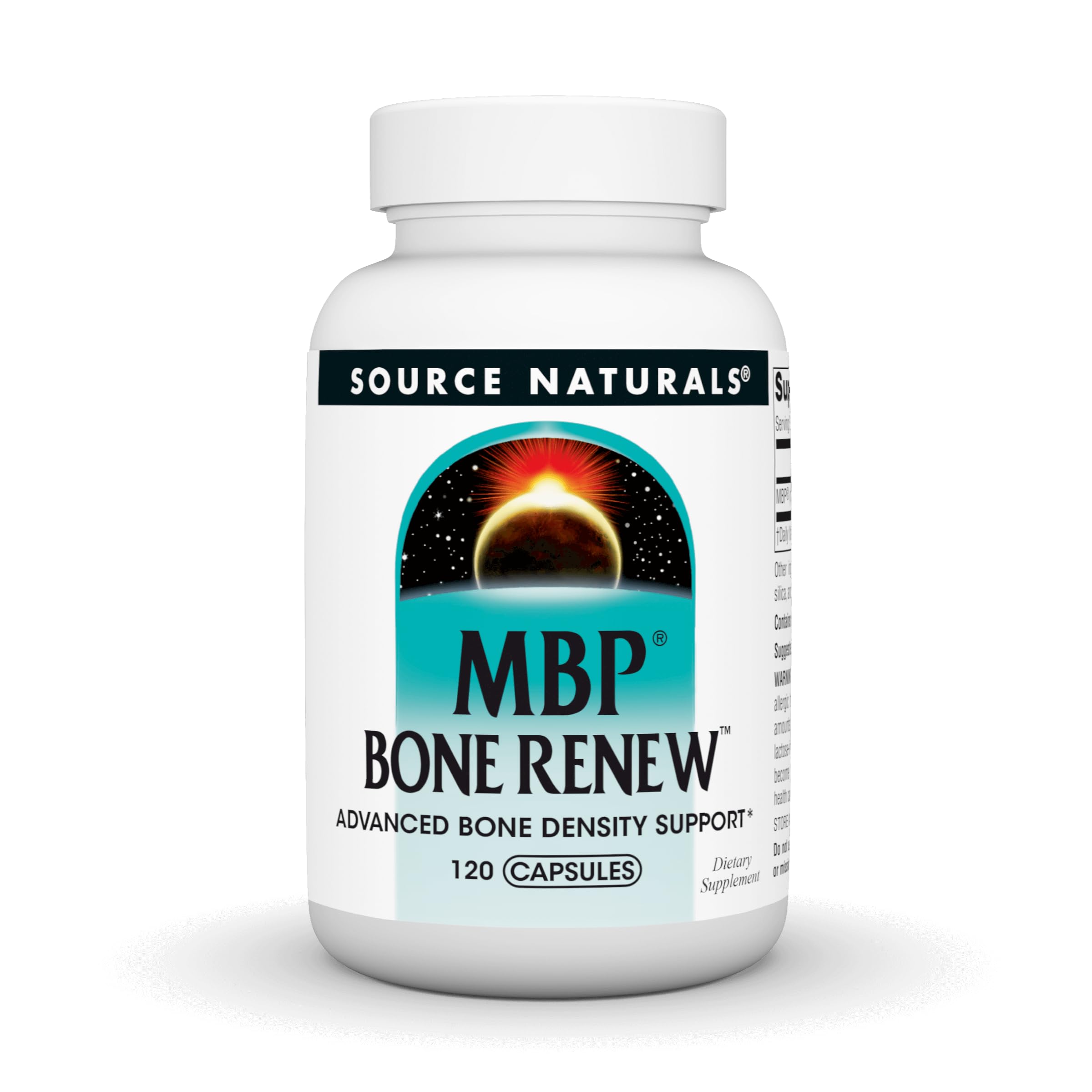 Source Naturals frasco frontal mostrando MBP Bone Renew y beneficio de apoyo óseo