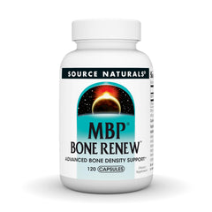 Source Naturals frasco frontal mostrando MBP Bone Renew y beneficio de apoyo óseo