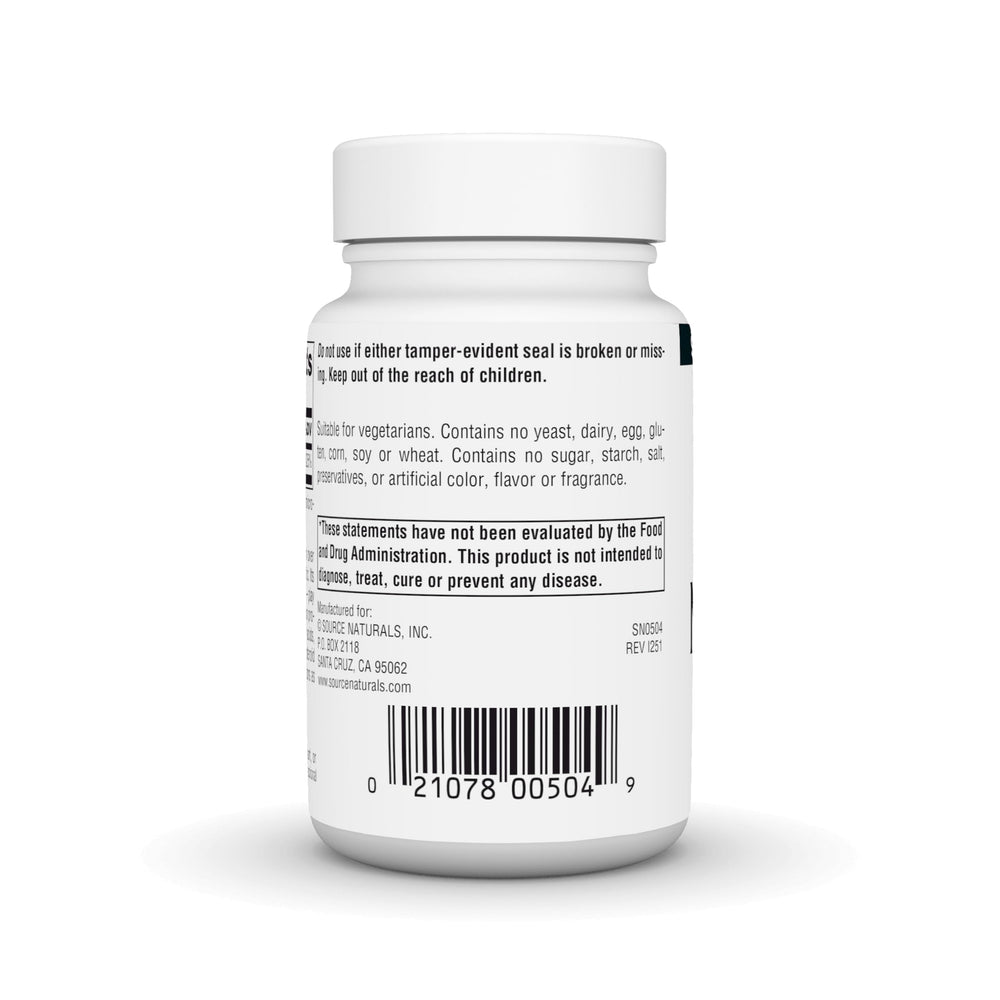 Source Naturals etiqueta con ingredientes y certificación cGMP visible y confianza