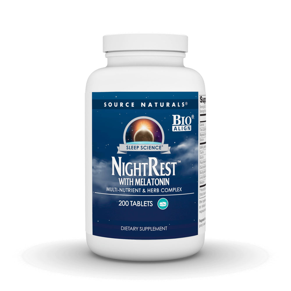 Source Naturals NightRest vista frontal del envase mostrando tabletas