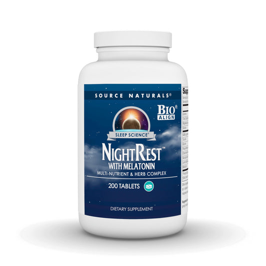 Source Naturals NightRest vista frontal del envase mostrando tabletas