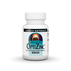 Source Naturals frasco OptiZinc vista frontal con información clara