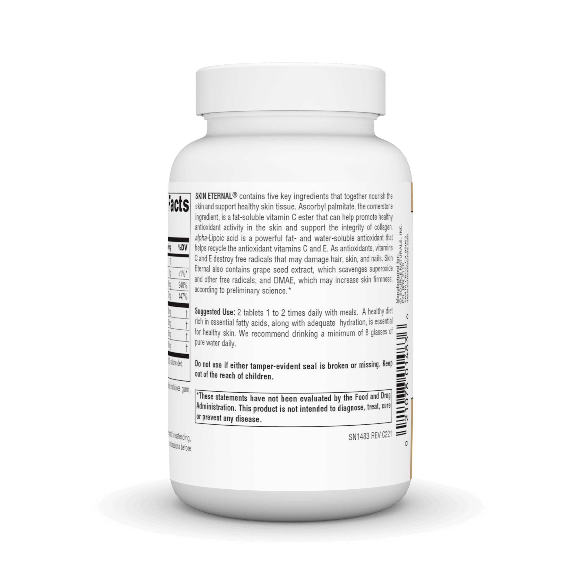 Source Naturals Skin Eternal etiqueta del producto con indicaciones y beneficios visibles para la piel.