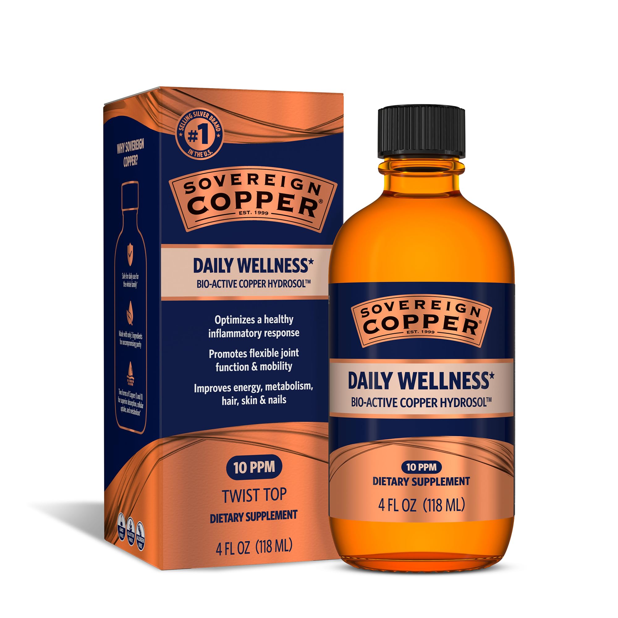 Sovereign Copper botella frontal mostrando diseño y tamaño, ideal para dosificar