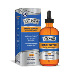 Sovereign Silver frente del empaque que muestra la botella y beneficio de pureza