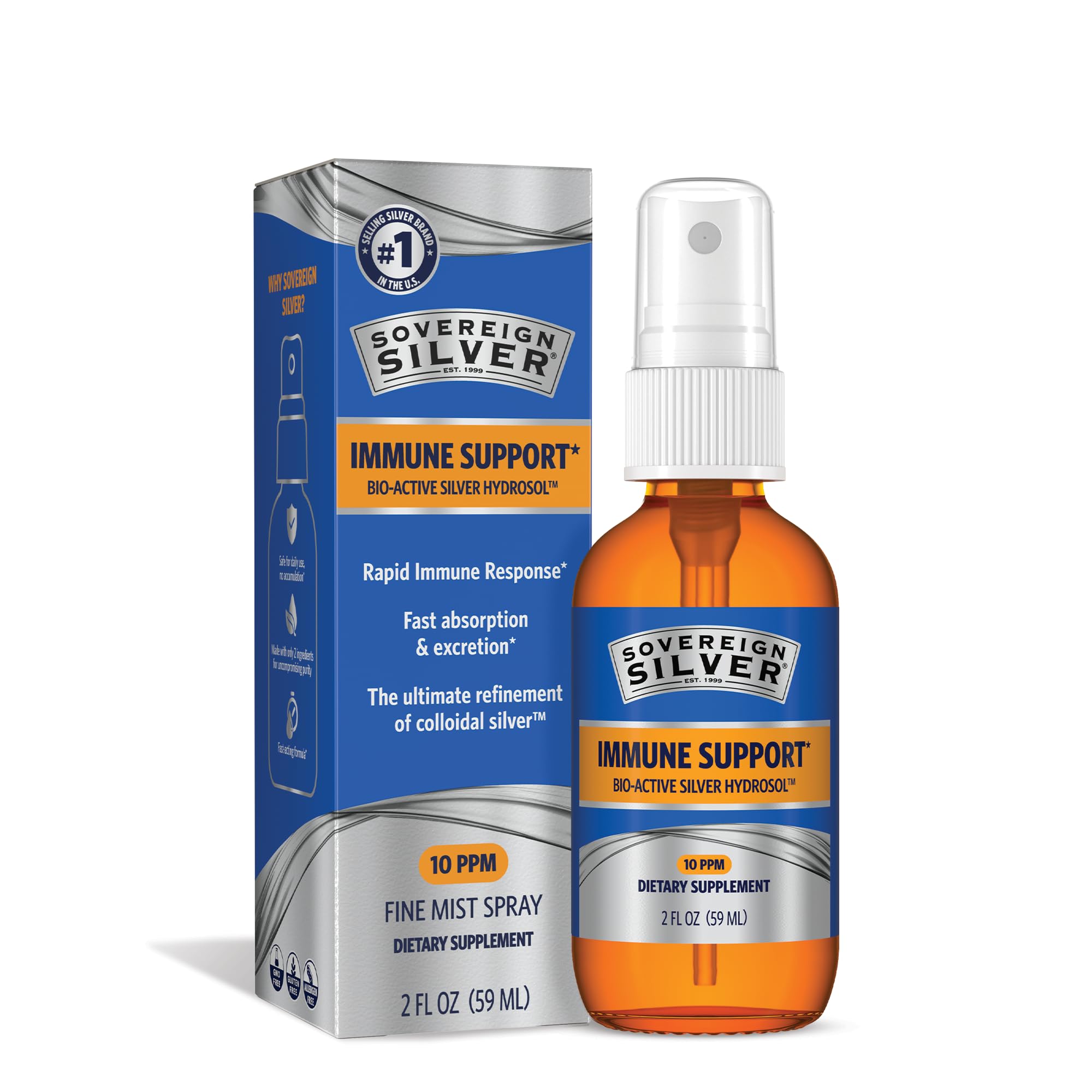Sovereign Silver botella frente en vidrio ámbar mostrando pureza