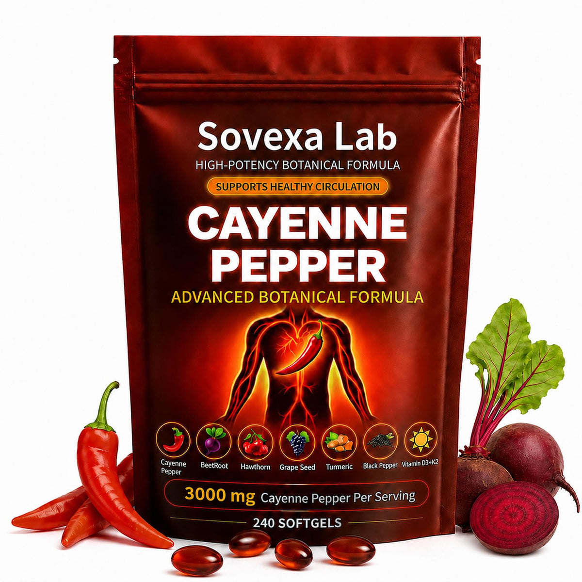 Sovexa Lab caja frontal mostrando el producto y beneficios visibles