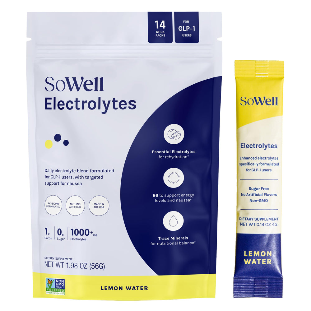 SoWell envase frontal mostrando sticks, fácil transporte y conveniencia
