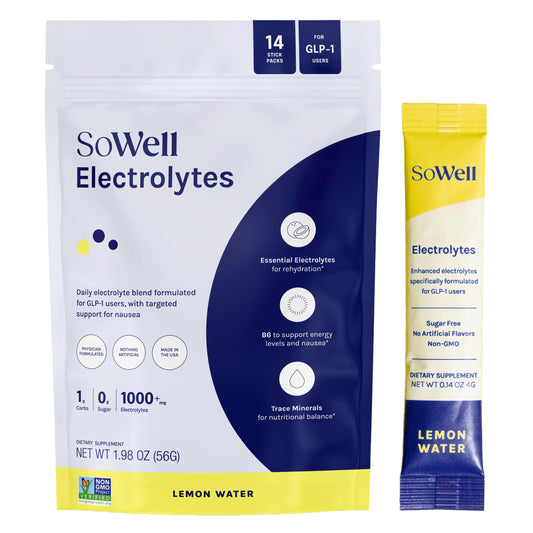 SoWell envase frontal mostrando sticks, fácil transporte y conveniencia