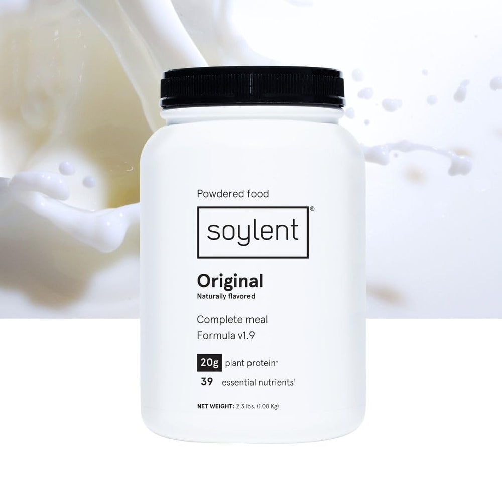 Soylent comparación de tamaño con una mano para referencia de escala