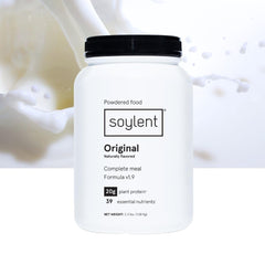 Soylent comparación de tamaño con una mano para referencia de escala