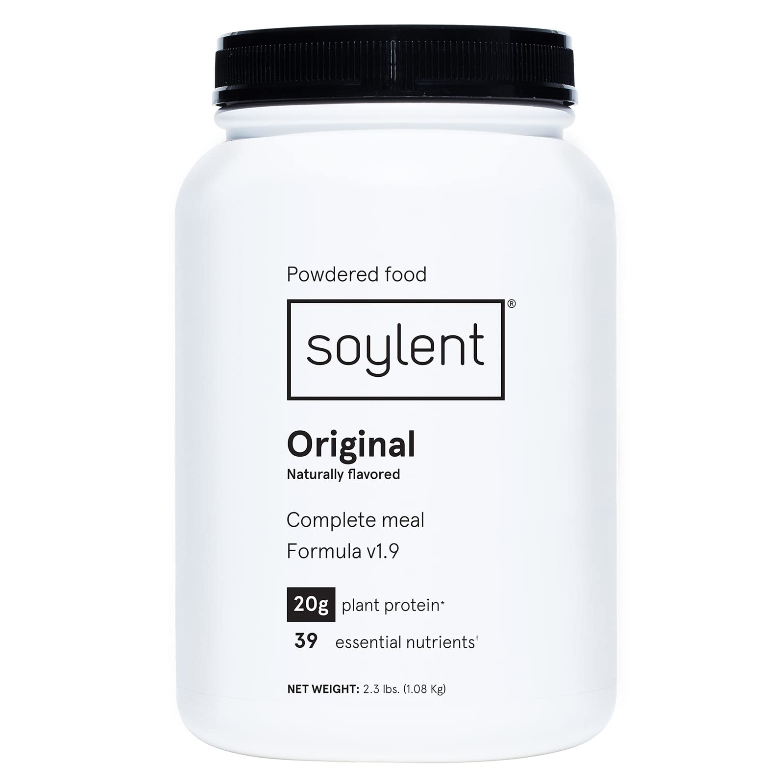 Soylent envase frontal 36.8 oz mostrando diseño y conveniencia