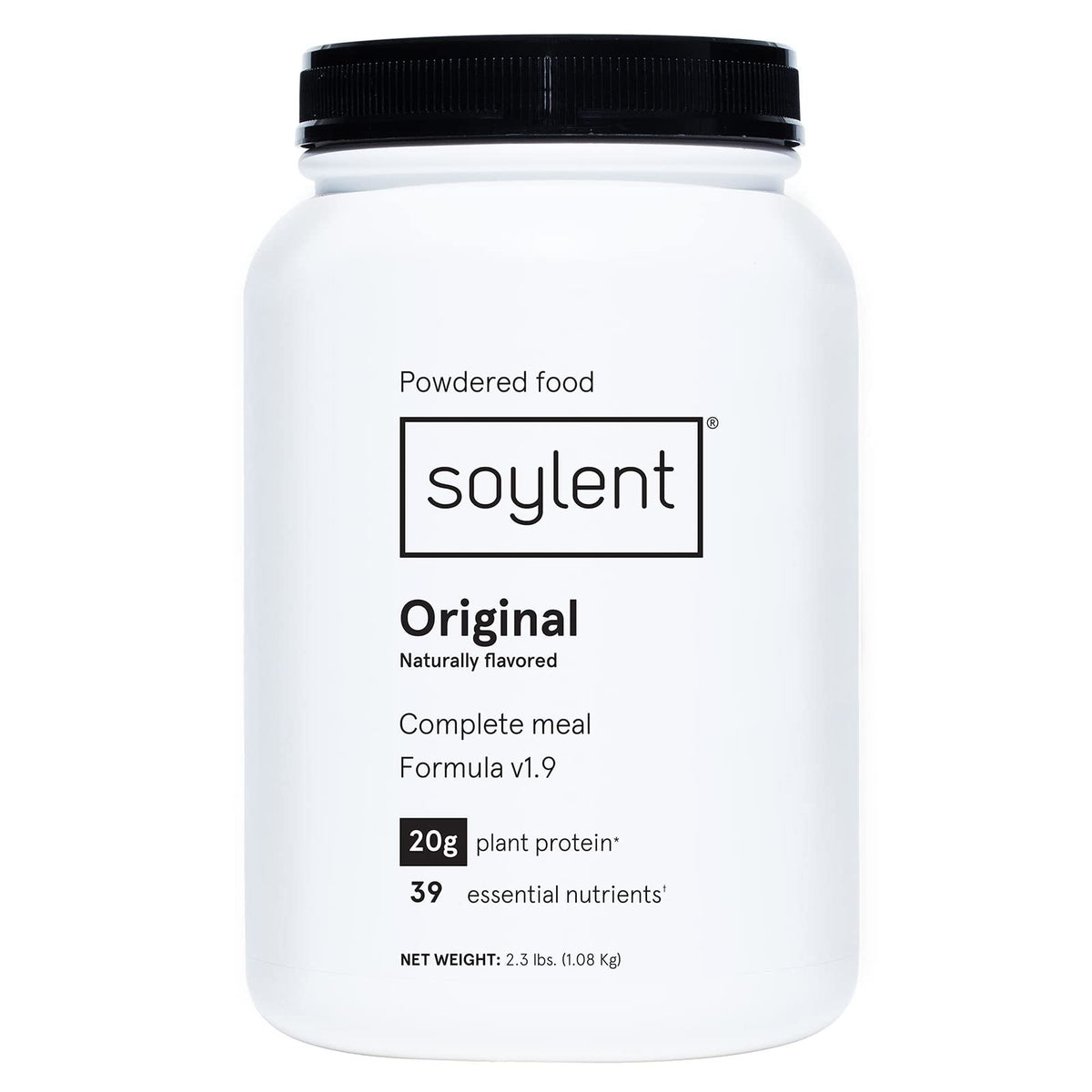Soylent envase frontal 36.8 oz mostrando diseño y conveniencia