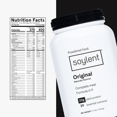 Soylent etiqueta nutricional detalle resaltando 39 nutrientes esenciales