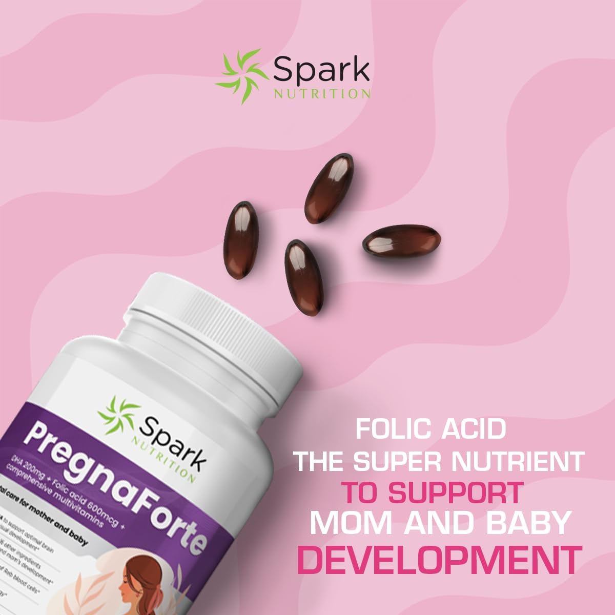 Spark Nutrition escena maternal con suplemento en mesa cotidiana