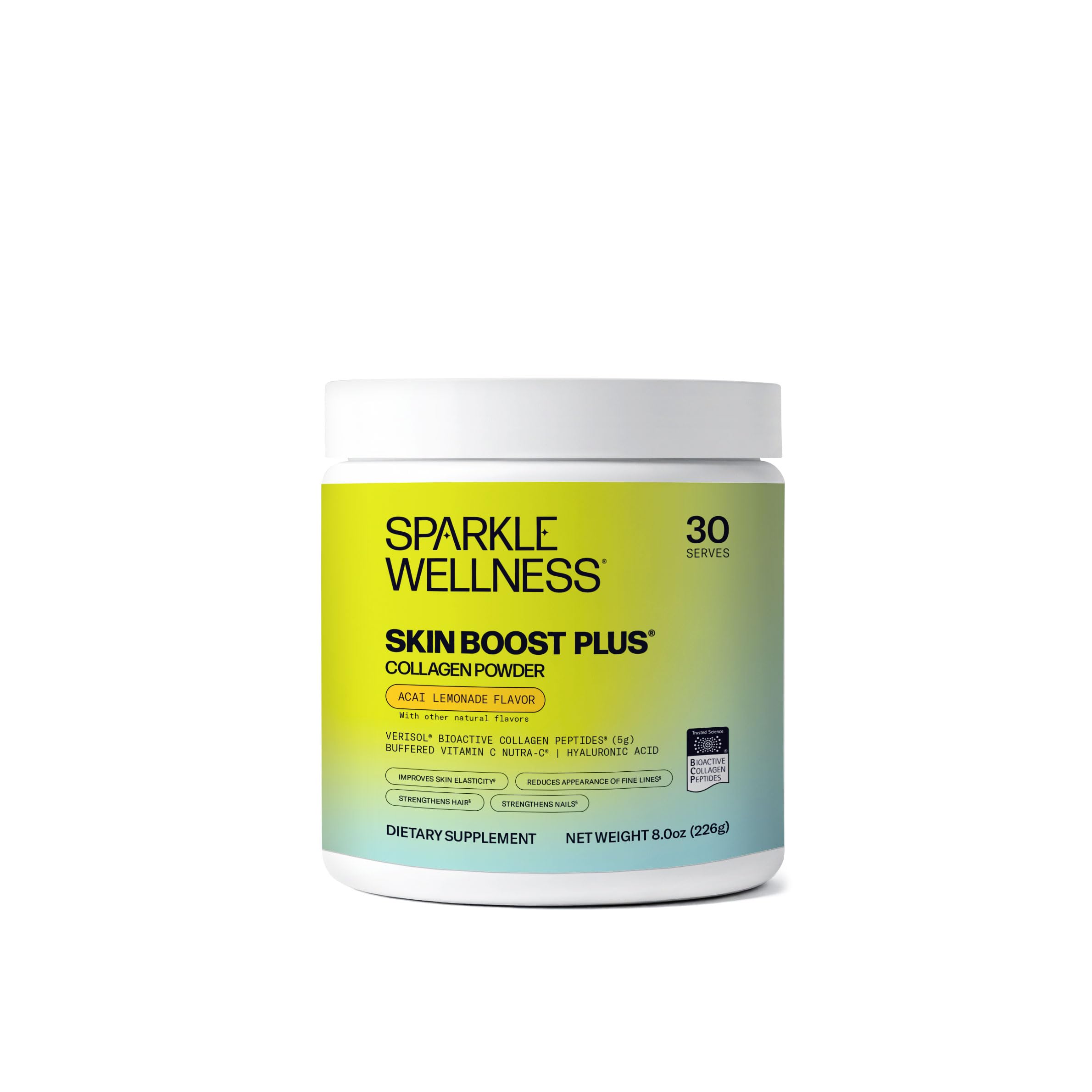 Sparkle Wellness envase frontal mostrando la etiqueta y sabor acai lemonade, fácil identificación