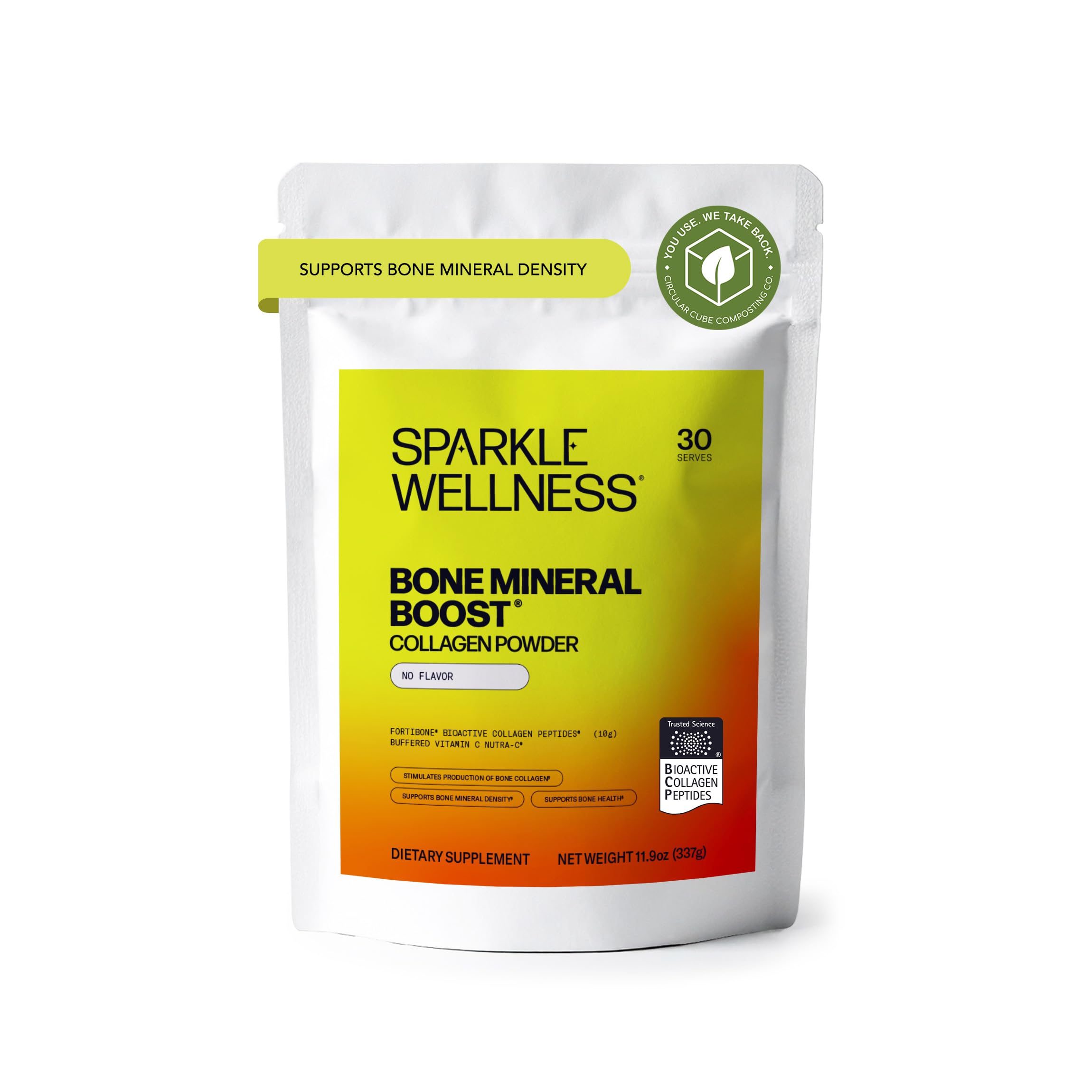 Sparkle Wellness pouch frontal mostrando nombre FORTIBONE y beneficio de densidad ósea