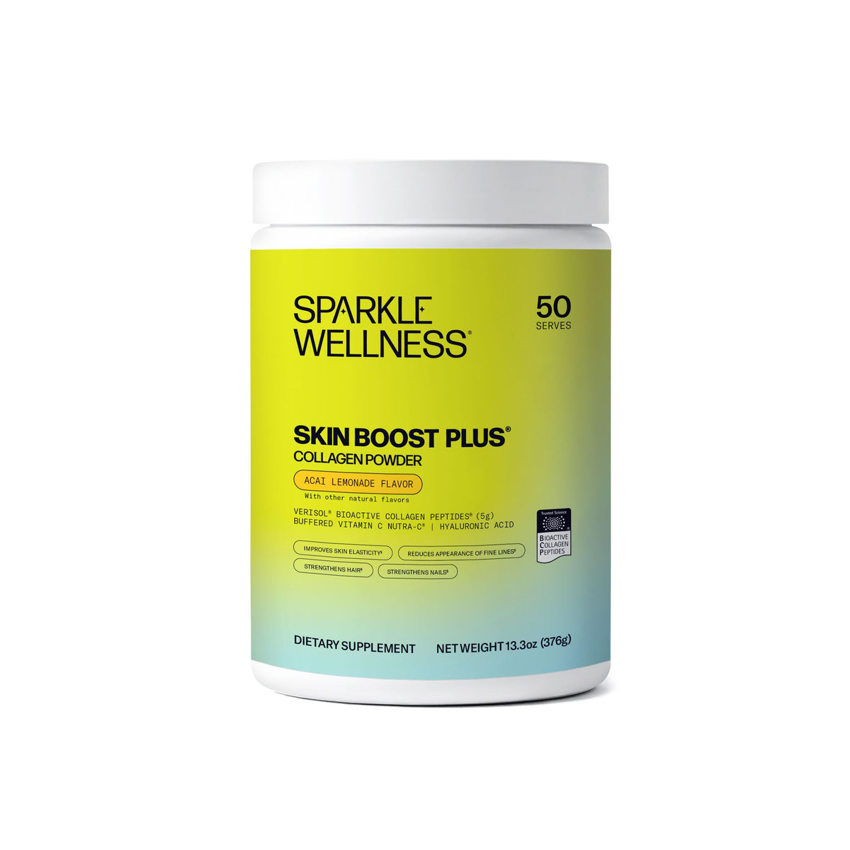 Sparkle Wellness frasco frontal mostrando diseño y sabor Acai Lemonade, presenta confianza