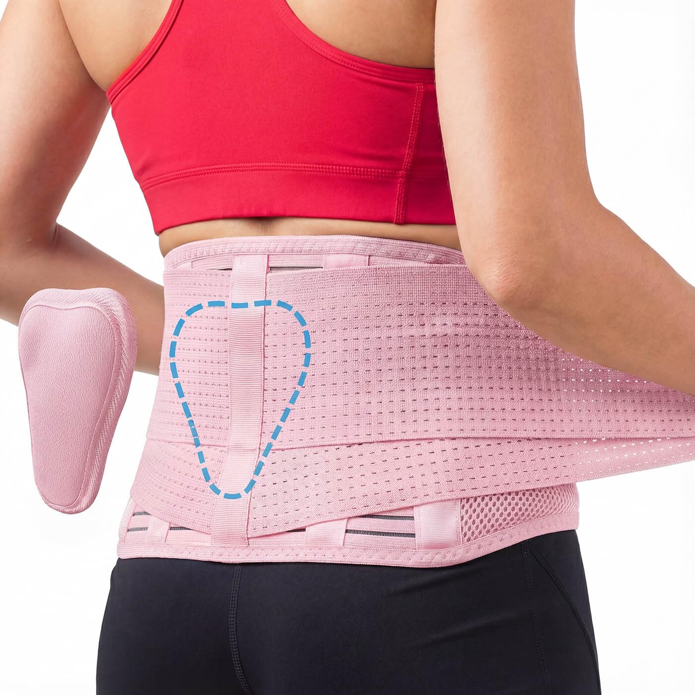 Sparthos faja lumbar frontal mostrando ajuste y soporte instantáneo