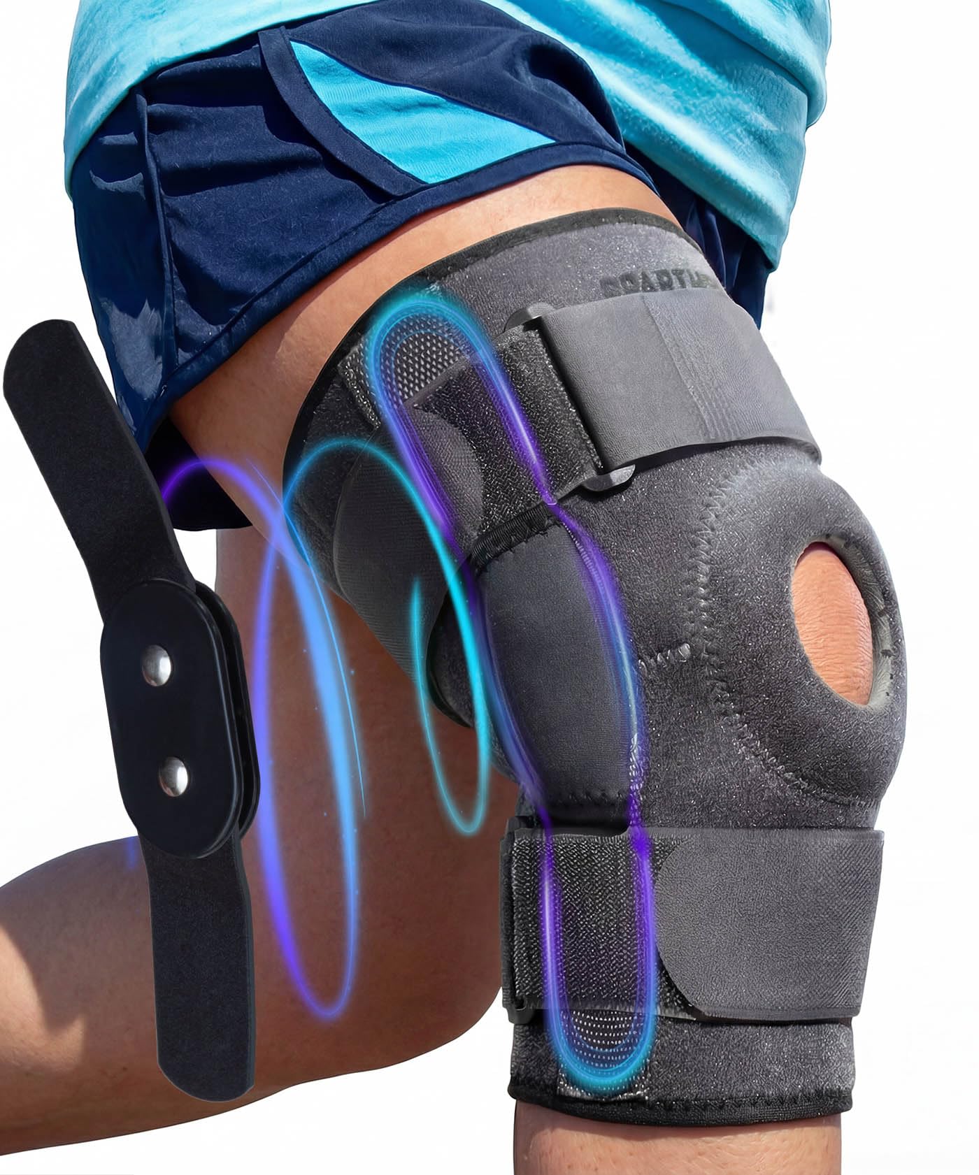 Sparthos rodillera frontal empaquetada mostrando ajuste y diseño, soporte inmediato