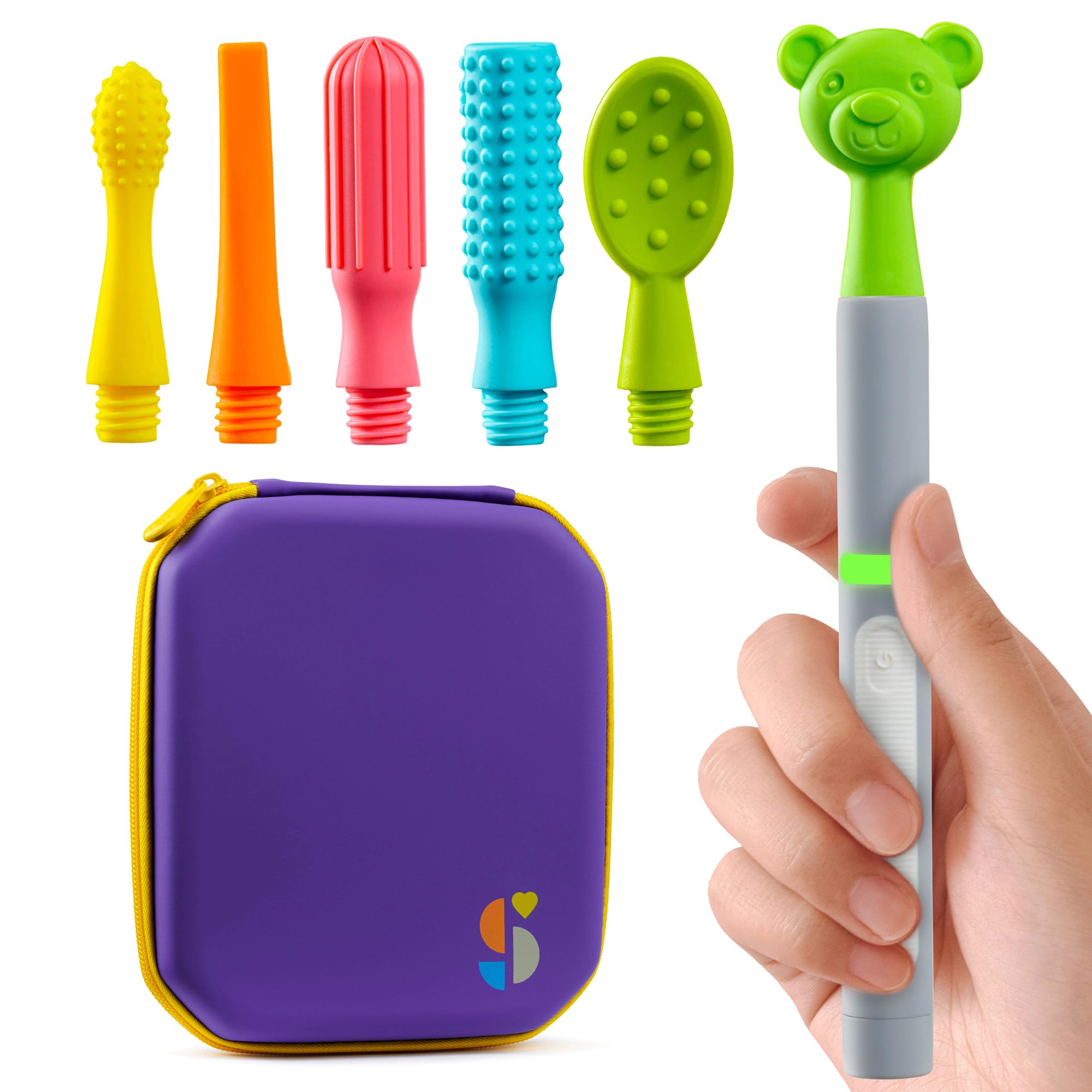Special Supplies vista frontal del kit Buzz Buddy con varita y 6 cabezales, facilita regulación sensorial