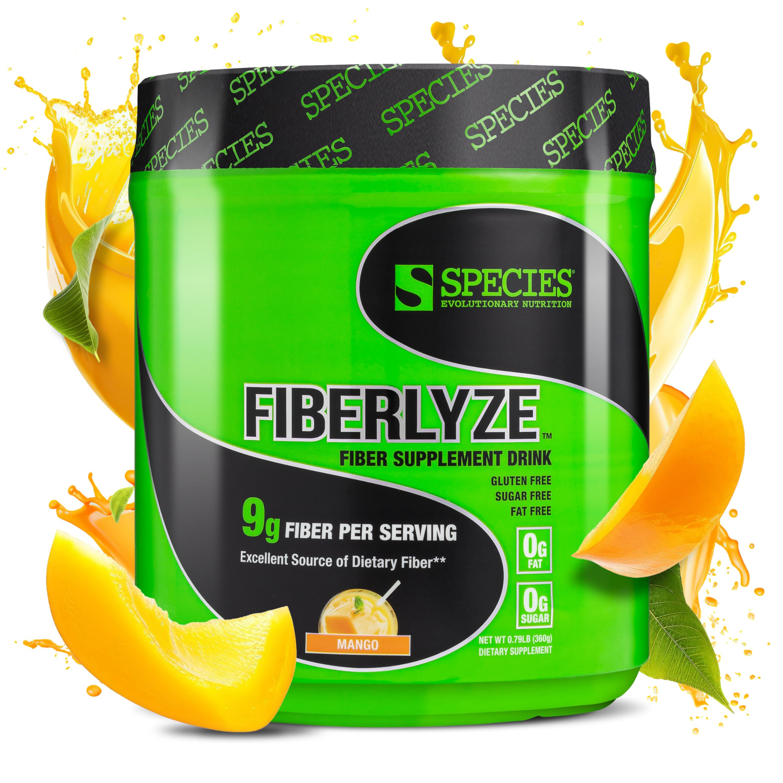 Species Nutrition envase Fiberlyze mango mostrando etiqueta clara y beneficios
