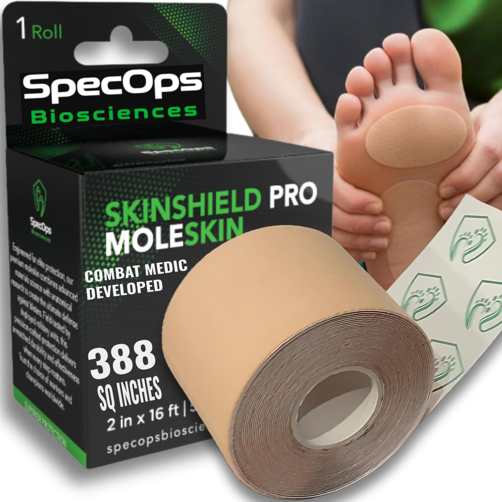 SpecOps Biosciences empaque frontal mostrando rollo de moleskin, protección durable