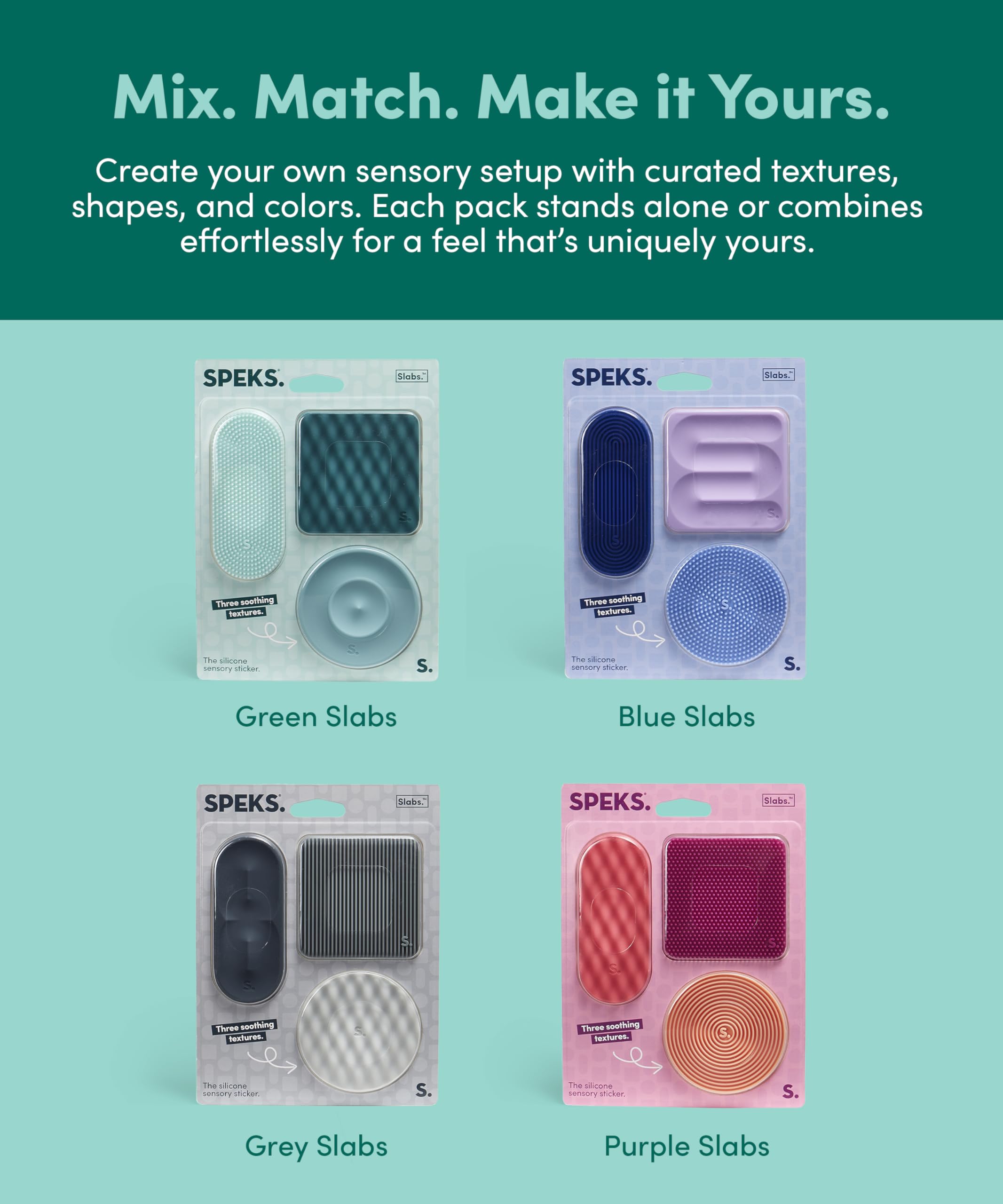 Speks Slabs etiqueta con material silicona y color verde resaltando durabilidad
