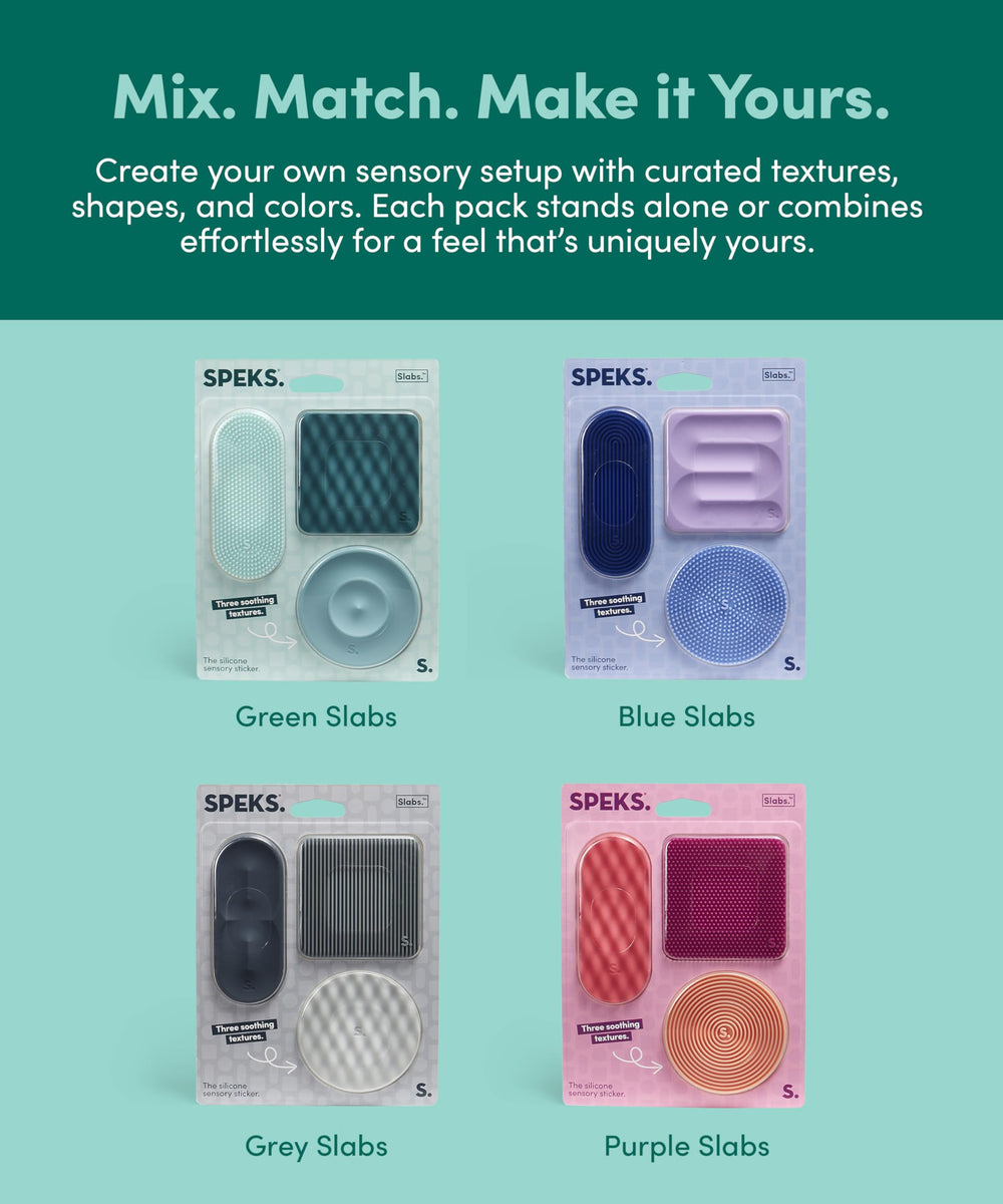 Speks Slabs etiqueta con material silicona y color verde resaltando durabilidad