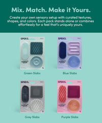 Speks Slabs etiqueta con material silicona y color verde resaltando durabilidad