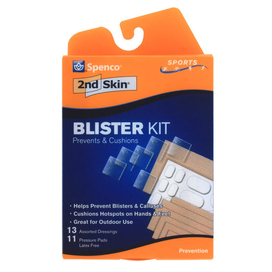 Spenco envase frontal del kit 2nd Skin con 24 unidades mostrando protección rápida