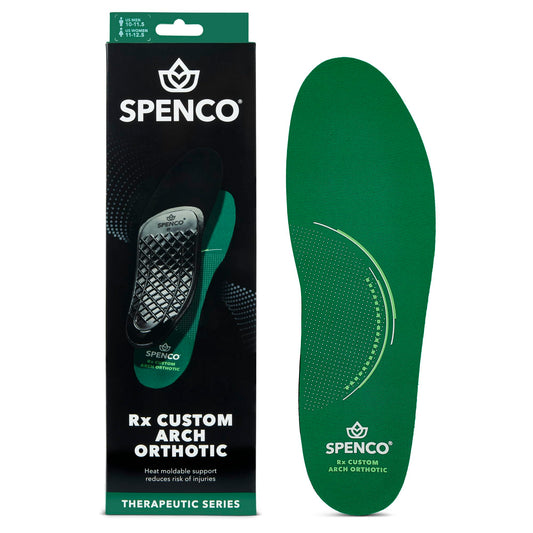 Spenco vista frontal del empaque mostrando ajuste y tallas