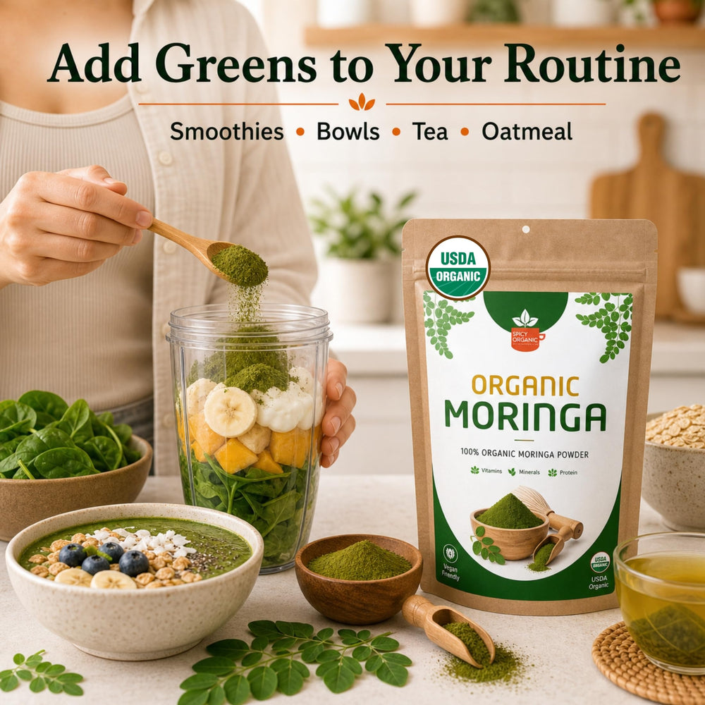 SPICY ORGANIC bolsa resellable abierta para frescura y transporte