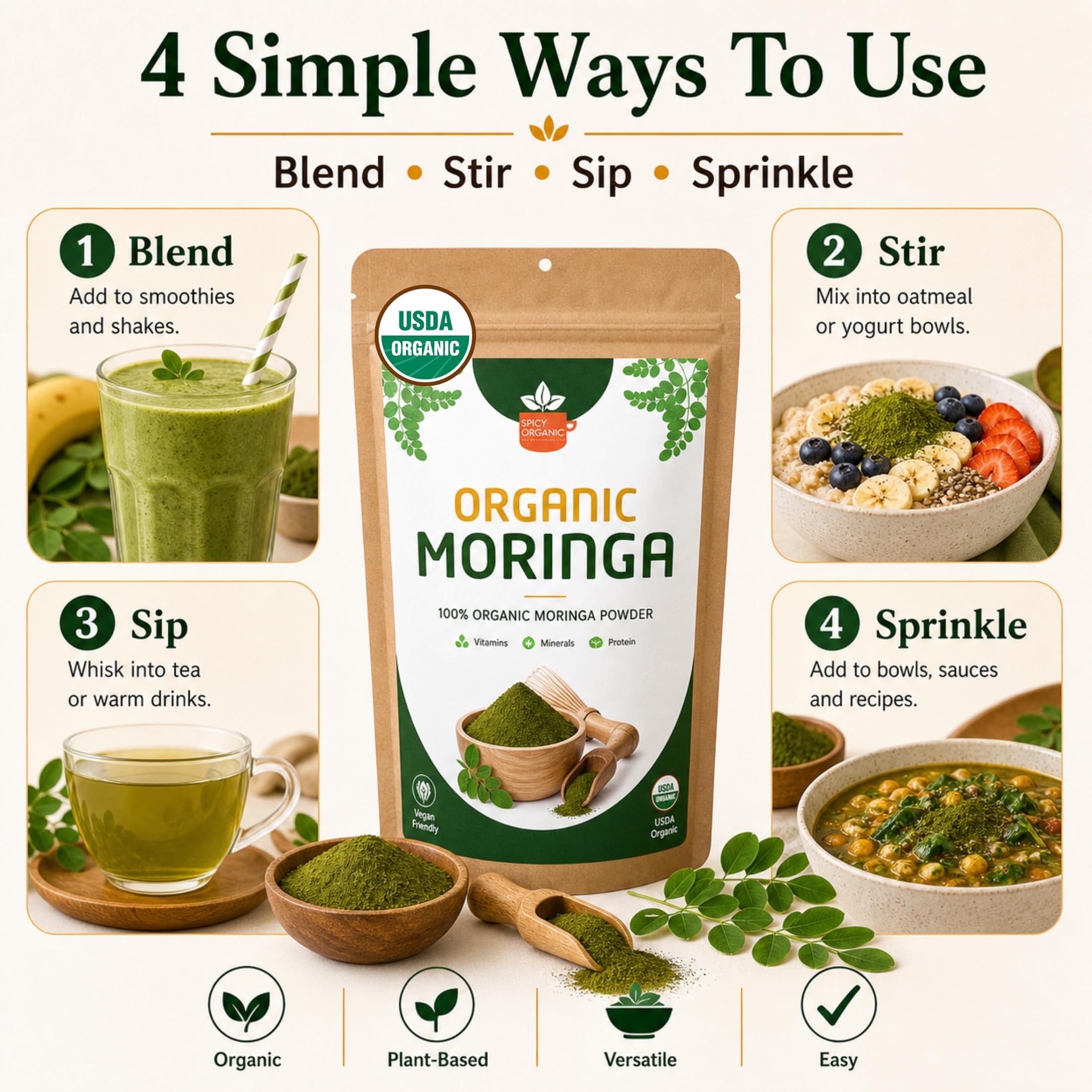 SPICY ORGANIC tamaño 4 oz junto a objetos para referencia práctica