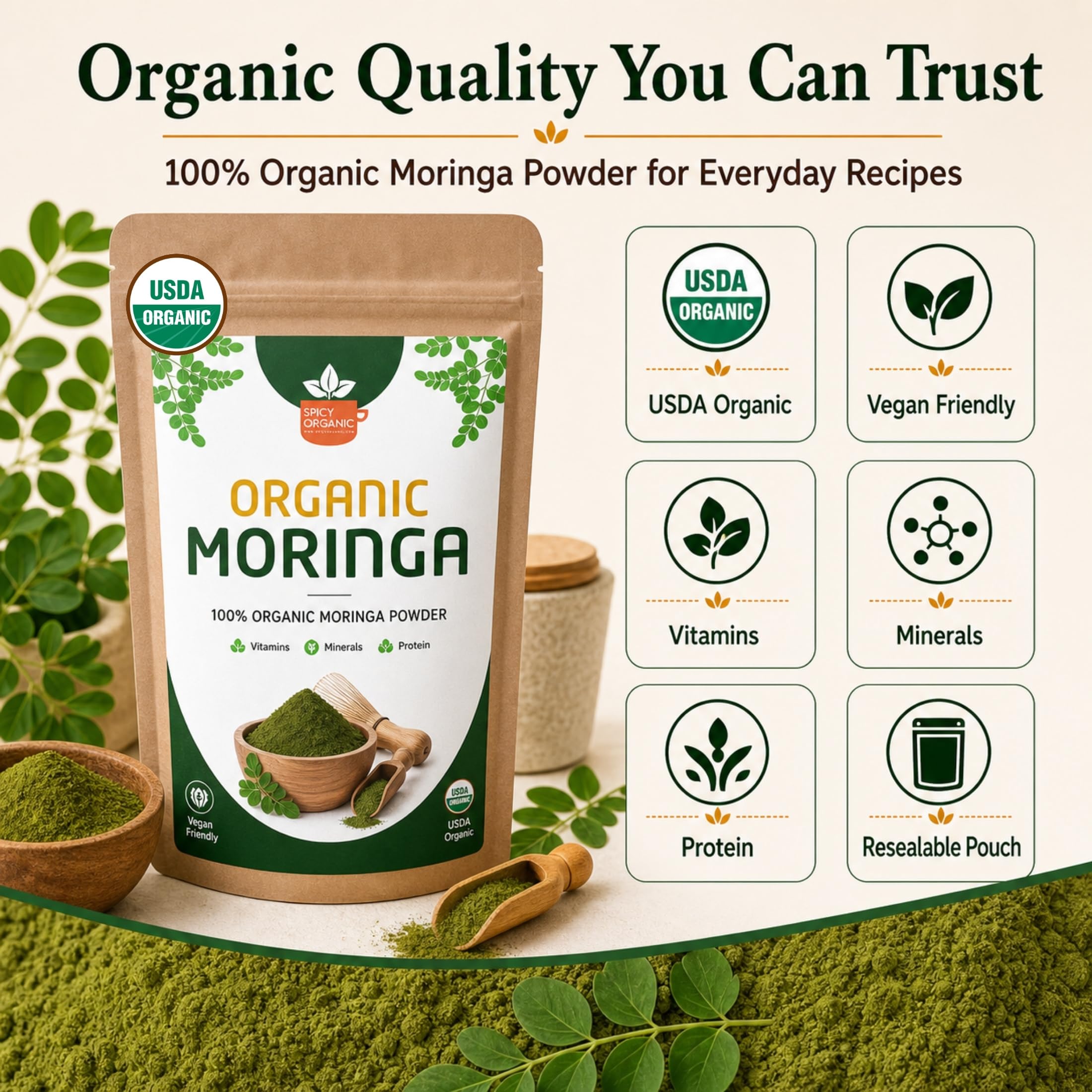 SPICY ORGANIC etiqueta con certificación USDA Organic visible