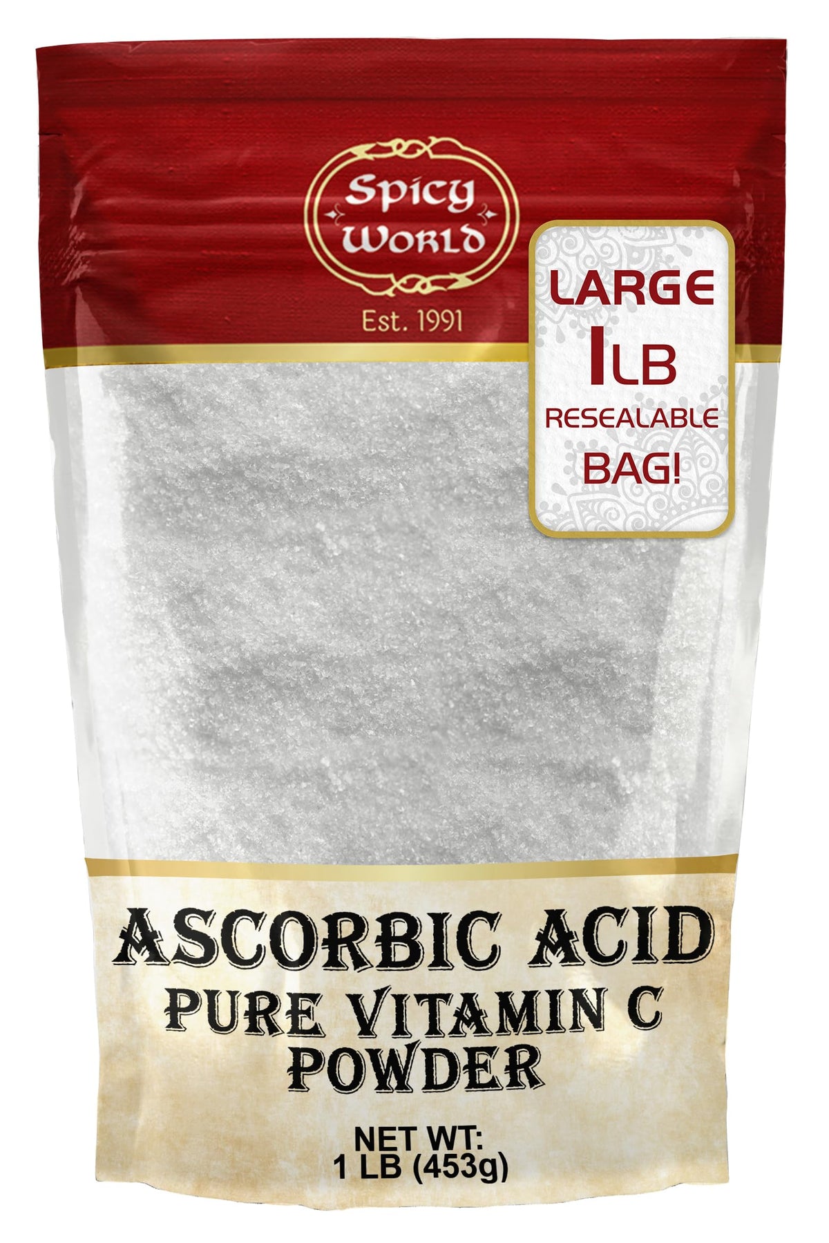 Spicy World bolsa frontal mostrando 1 LB y beneficios de pureza