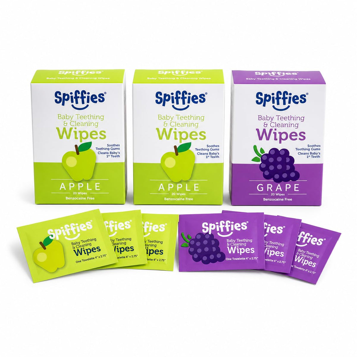 Spiffies empaque frontal mostrando 60 toallitas y sabores manzana uva para higiene