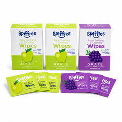 Spiffies empaque frontal mostrando 60 toallitas y sabores manzana uva para higiene