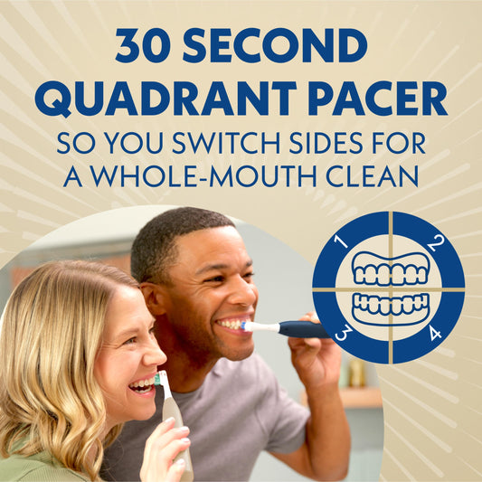 Spinbrush primer plano de cerdas suaves que limpian entre dientes eficientemente