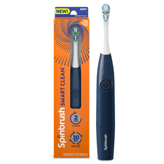 Spinbrush vista frontal mostrando diseño elegante y beneficio manejo cómodo