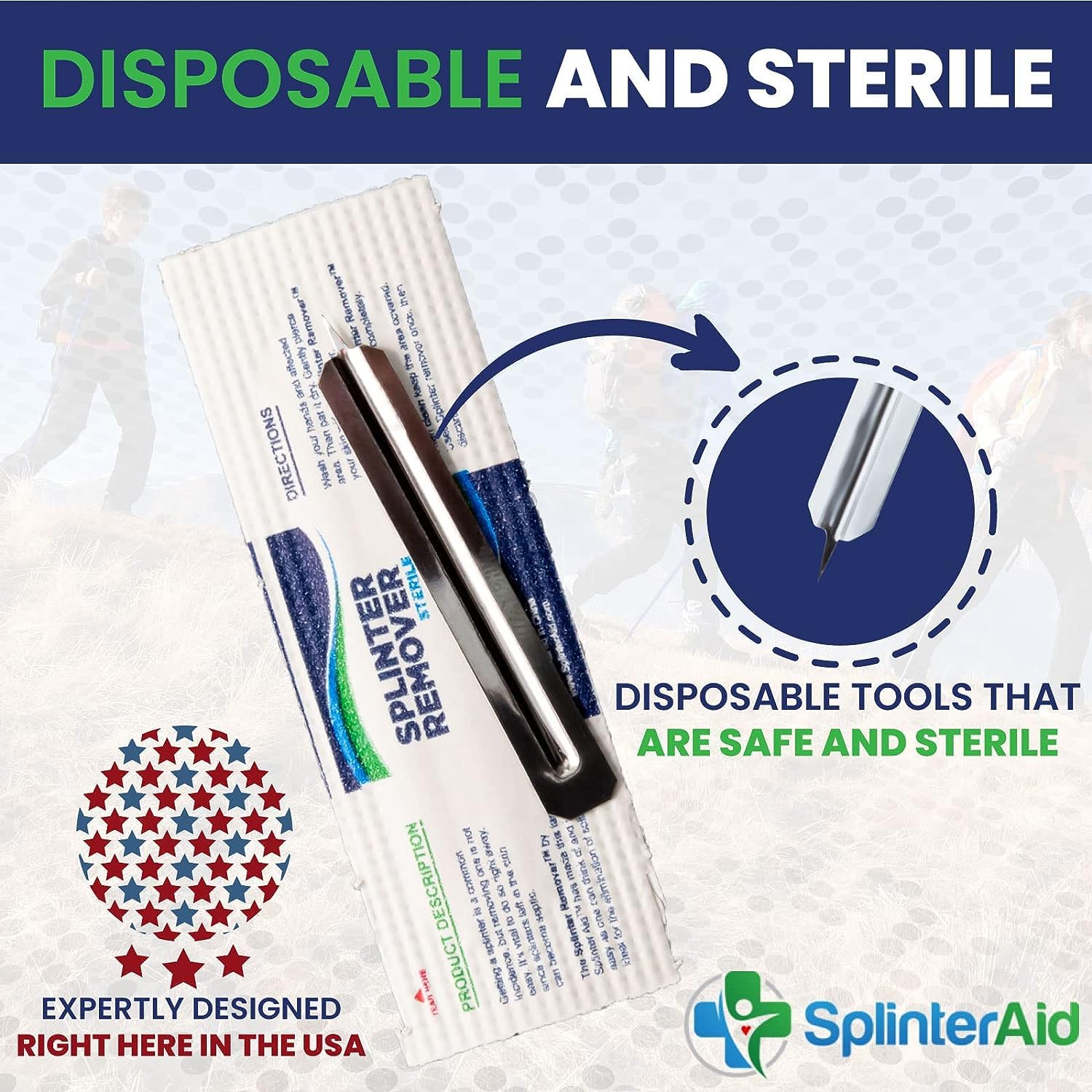 Detalle del acero inoxidable SplinterAid que asegura esterilidad y durabilidad